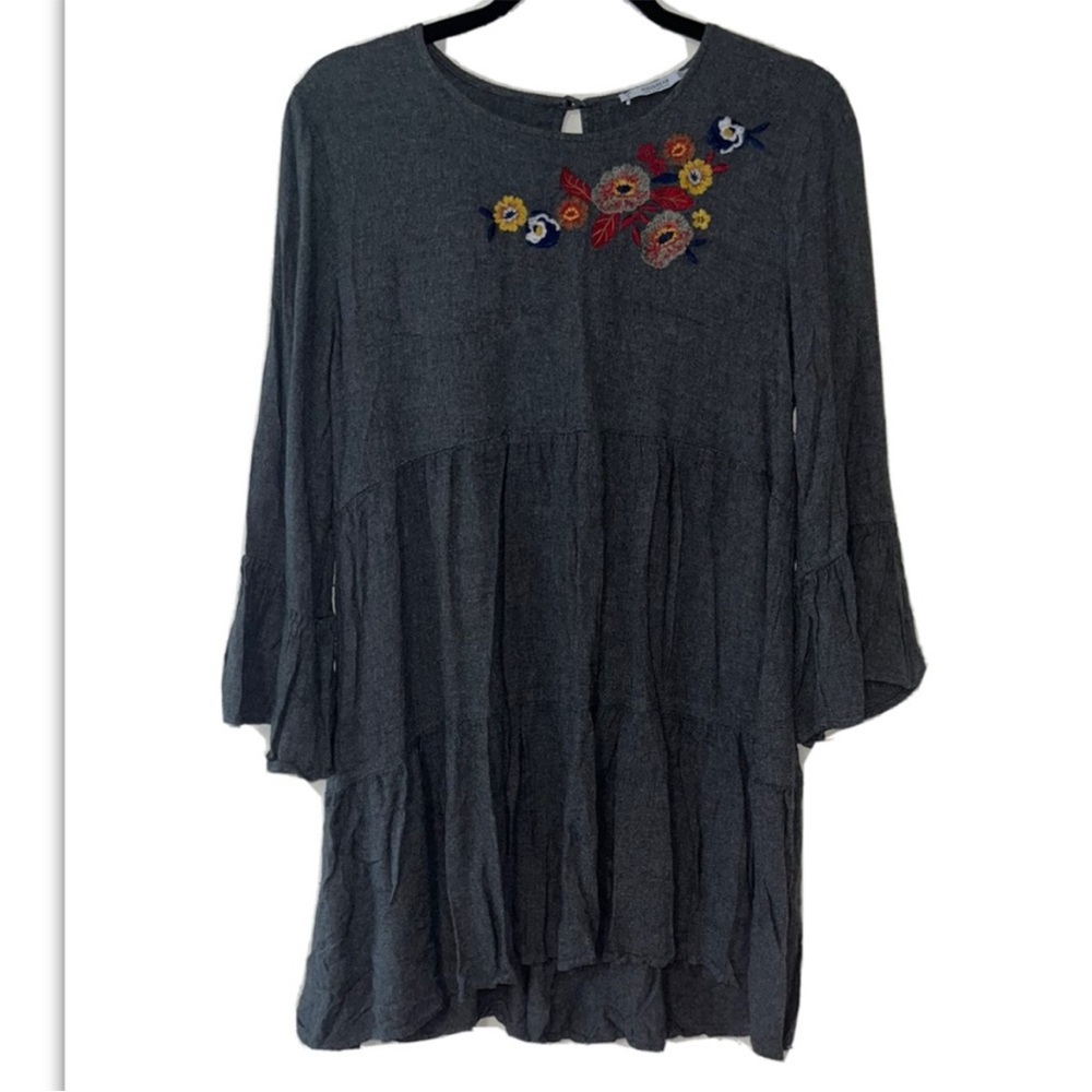 Pull and Bear Grey Large Dress Short Floral Embroidered Peasant Drop Waist